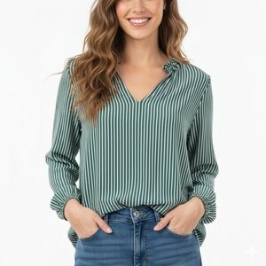 GAP Green Striped V-Neck Blouse Lightweight Sz Medium